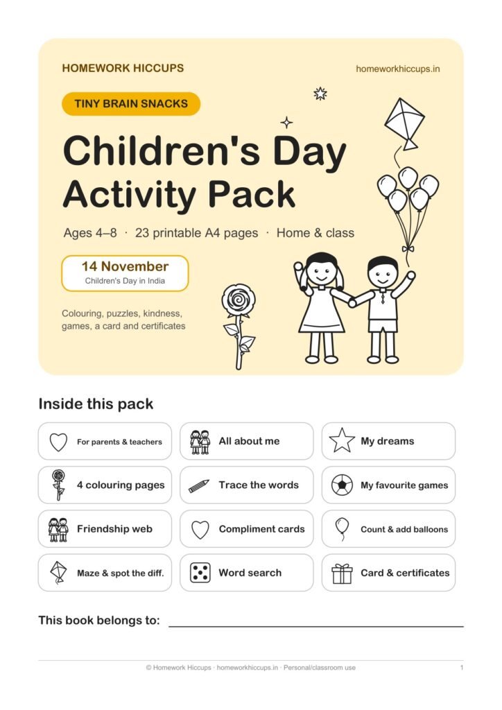 Cover of the Tiny Brain Snacks Children's Day Activity Pack for ages 4–8 with children, balloons, a kite and a rose