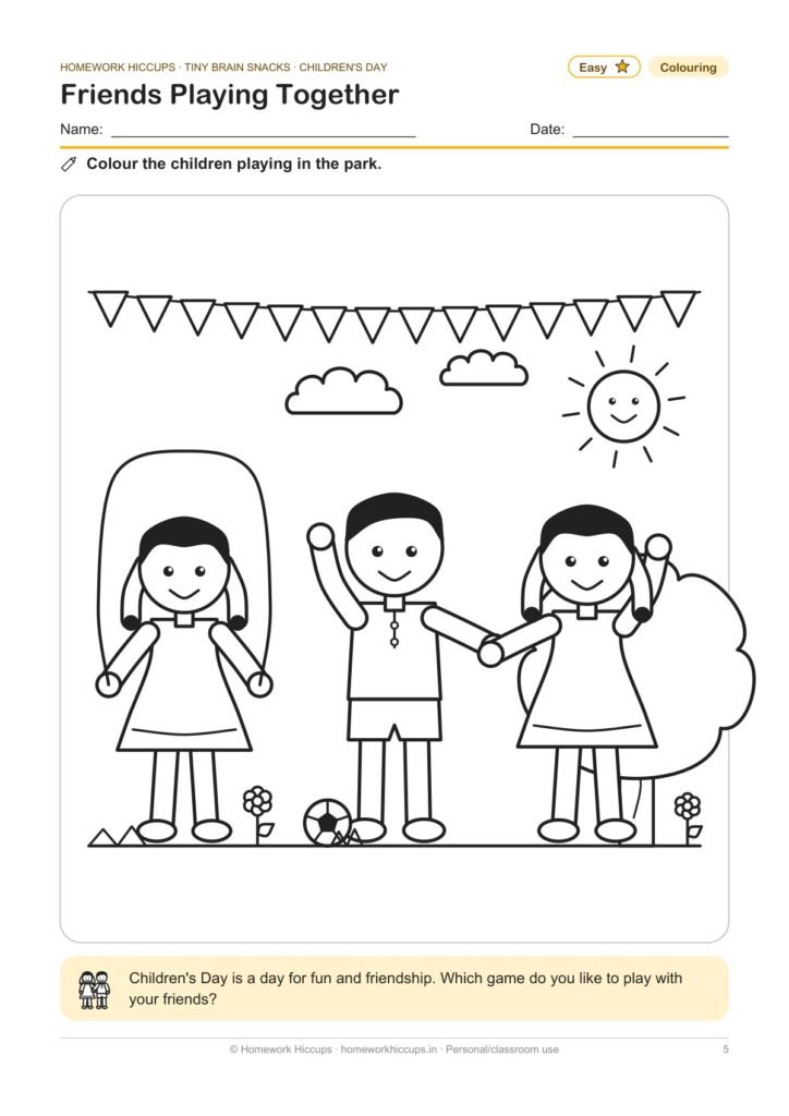 Children's Day colouring worksheet: friends playing together in the park with a skipping rope and bunting