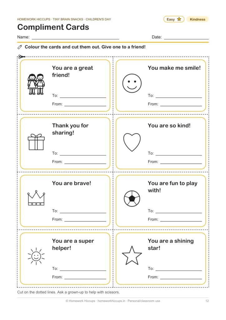 Children's Day kindness worksheet: 8 compliment cards to colour and cut out, with To and From lines