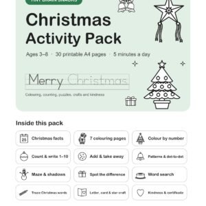 Cover of the Tiny Brain Snacks Christmas Activity Pack for ages 3–8 with star lantern, Christmas tree and bells line art
