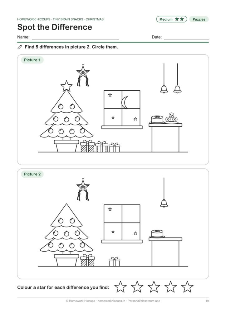 Christmas spot the difference worksheet with two living-room scenes with a tree, window and table