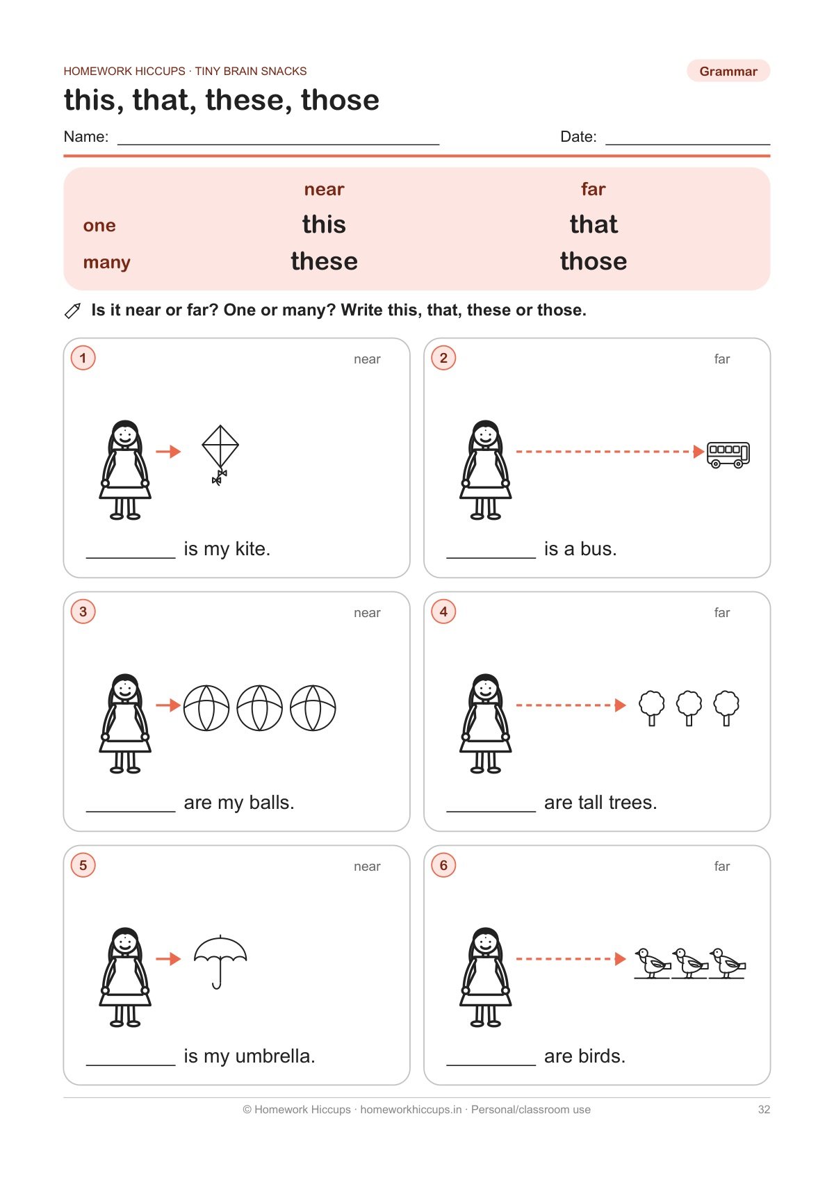 Class 1 English grammar worksheet: this, that, these, those with near and far pictures