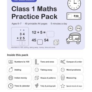 Class 1 Maths Practice Pack cover by Homework Hiccups with clock, rupee note and coins, and a list of topics