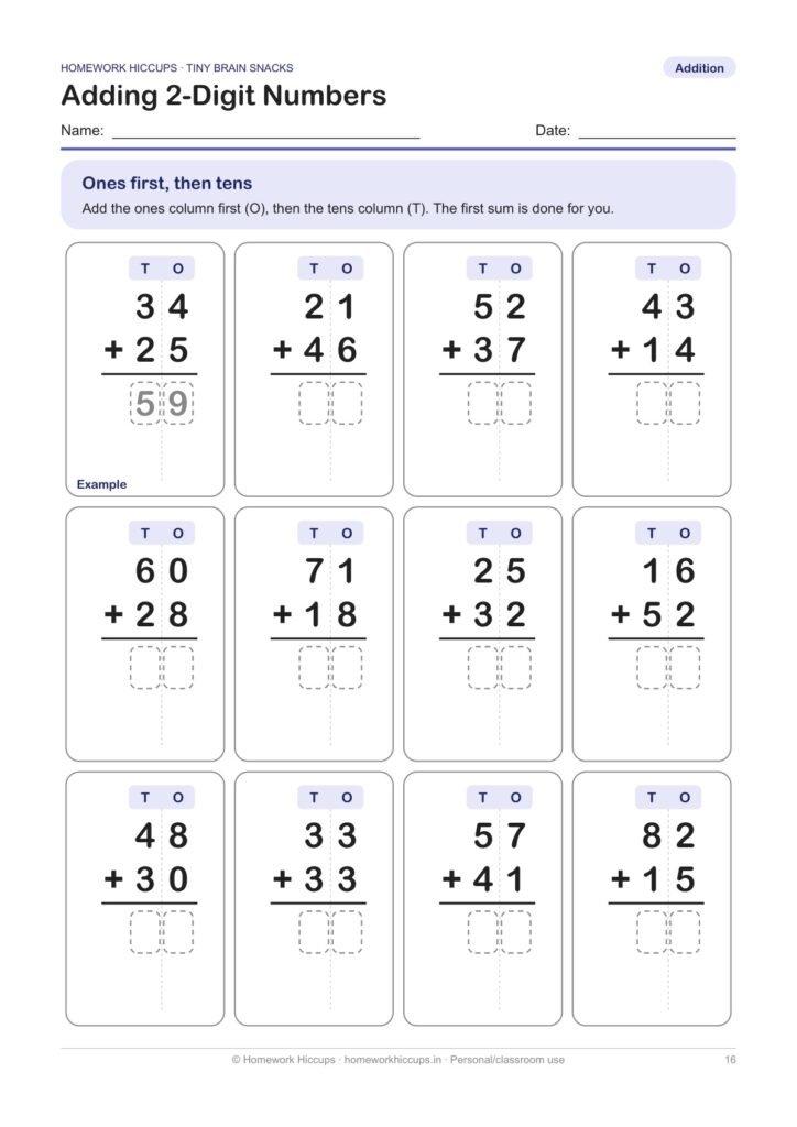 Class 1 maths worksheet: adding 2-digit numbers in tens and ones columns with a worked example