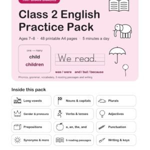 Class 2 English Practice Pack cover by Homework Hiccups with a child to children plural card, book, elephant and umbrella, and a list of topics