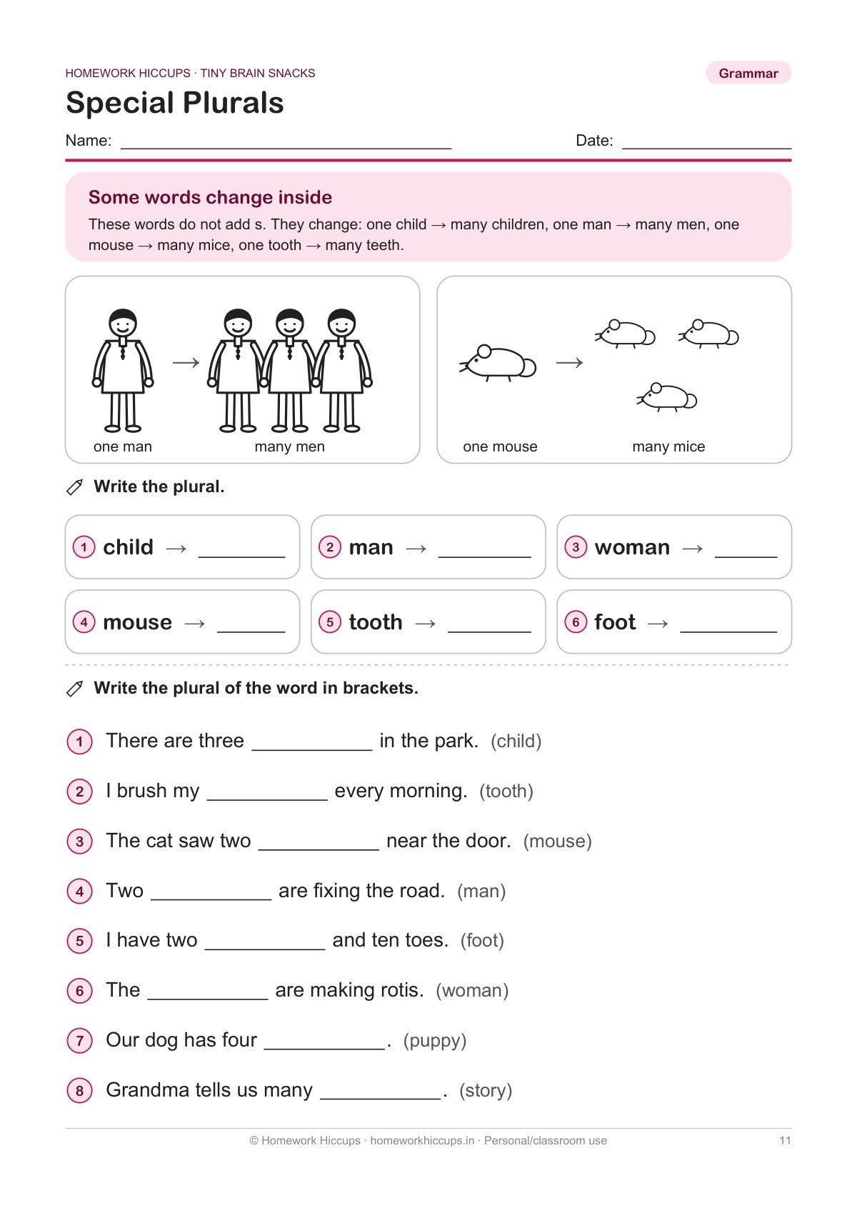 Class 2 English grammar worksheet: special plurals such as man – men and mouse – mice with pictures and fill-in sentences