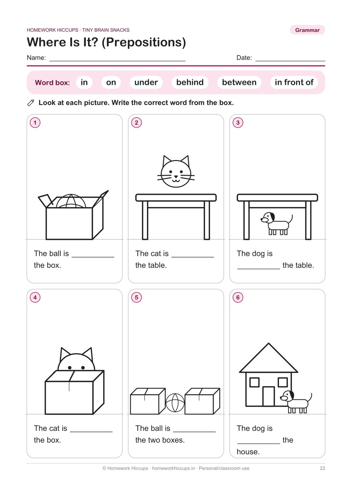 Class 2 prepositions worksheet: in, on, under, behind, between and in front of with picture scenes