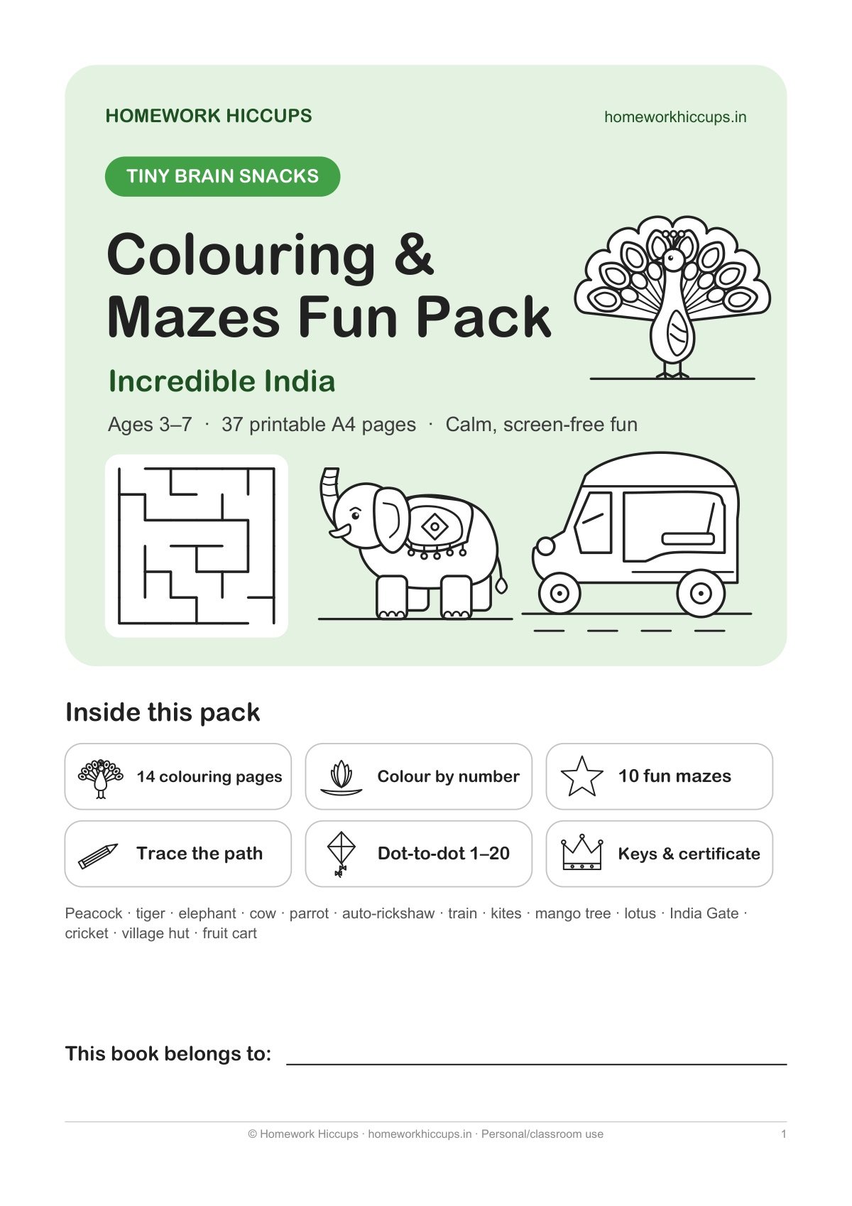 Cover of the Tiny Brain Snacks Colouring & Mazes Fun Pack – Incredible India, with peacock, elephant, auto-rickshaw and maze line art