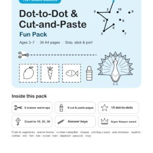 Cover of the Tiny Brain Snacks Dot-to-Dot & Cut-and-Paste Fun Pack, with a star dot-to-dot, scissors on a dashed cut line, cut-out pieces and a peacock