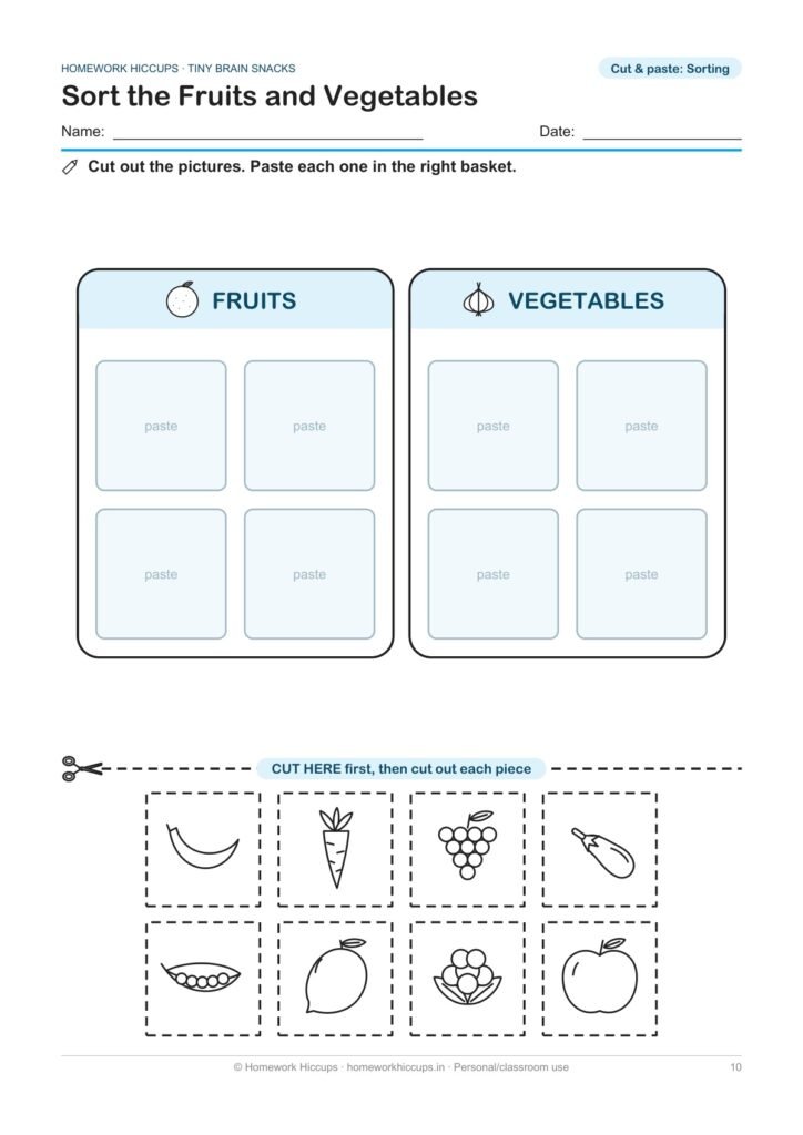 Cut and paste worksheet: sort fruits and vegetables into two baskets, with picture pieces in a strip below a dashed cut line
