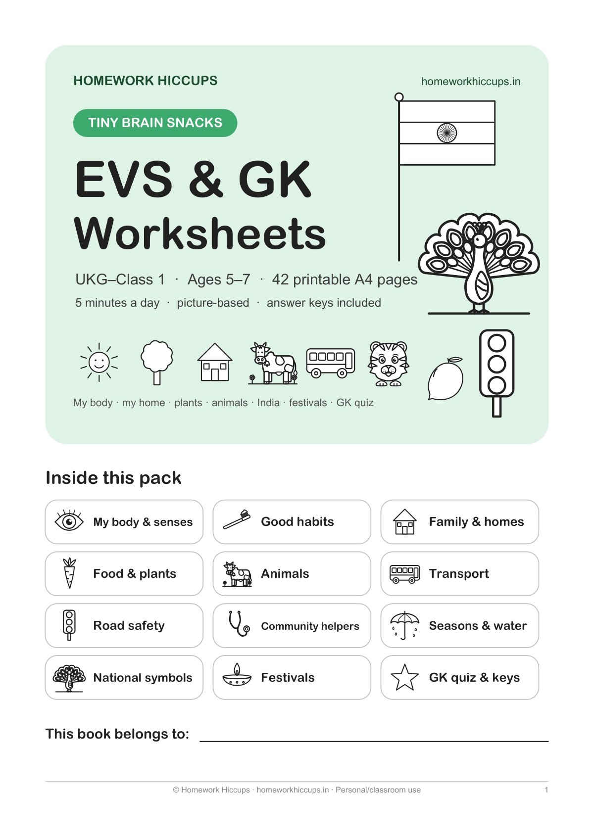 Cover of the Tiny Brain Snacks EVS & GK Worksheets pack for UKG to Class 1 with Indian flag, peacock and traffic light line art