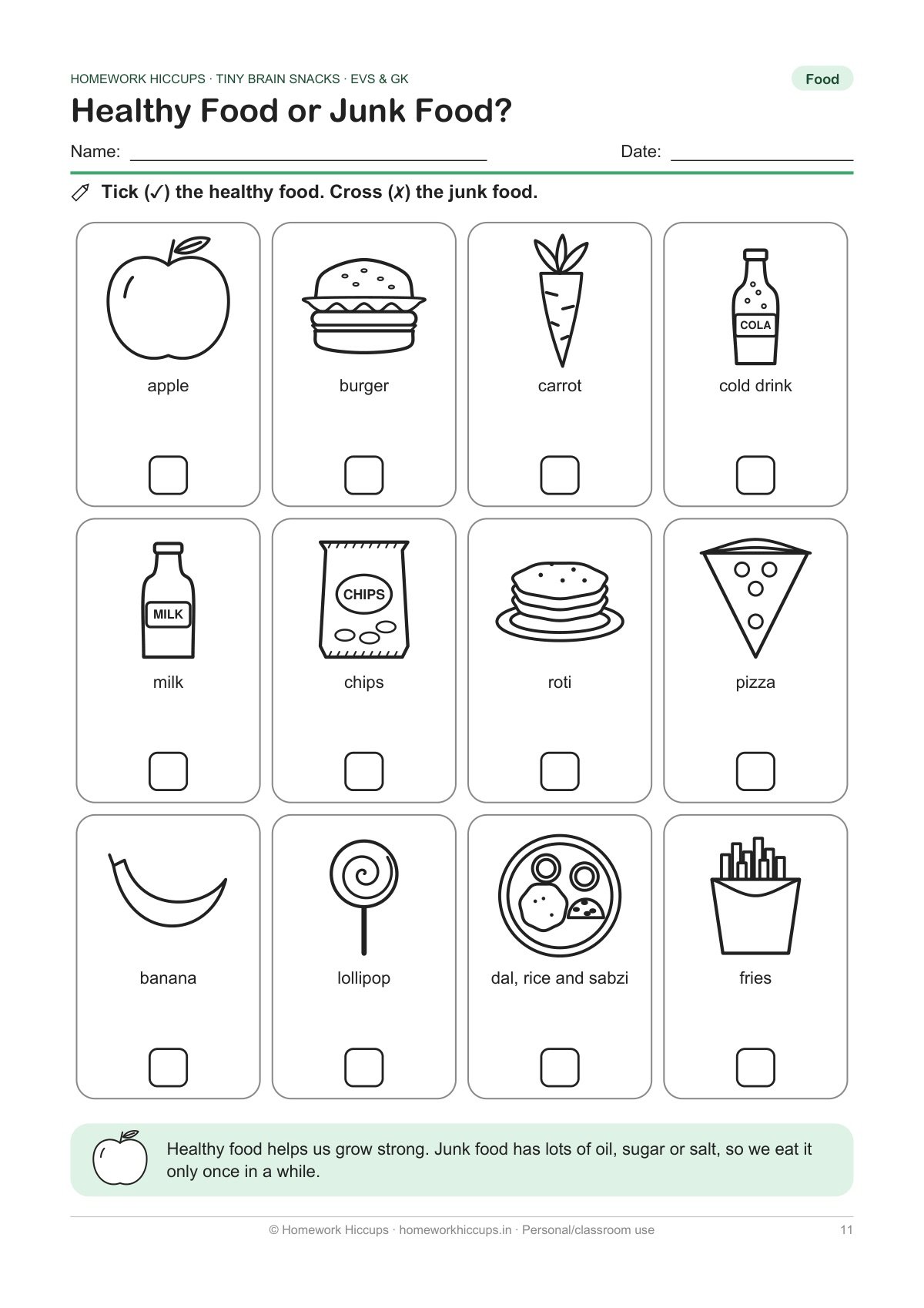 EVS worksheet: tick the healthy food and cross the junk food, with apple, burger, roti, chips and more