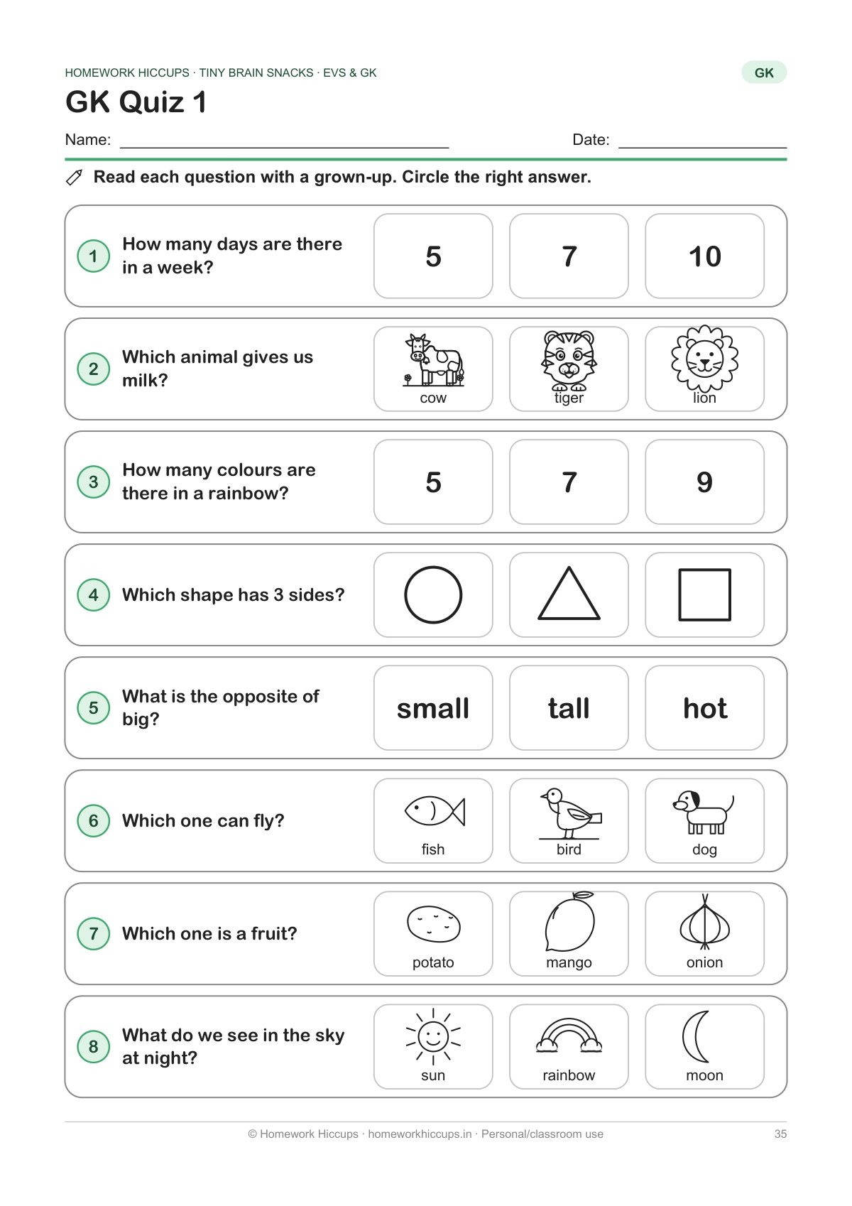 GK quiz worksheet for kids with picture multiple-choice questions about days in a week, rainbow colours and shapes