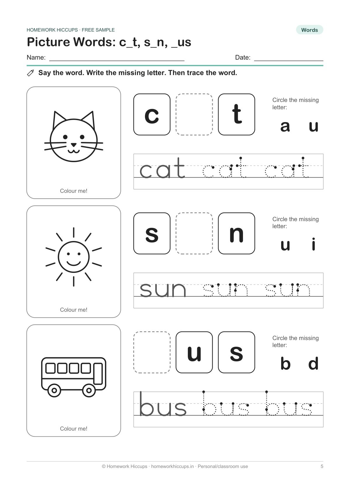 Free LKG CVC picture words worksheet