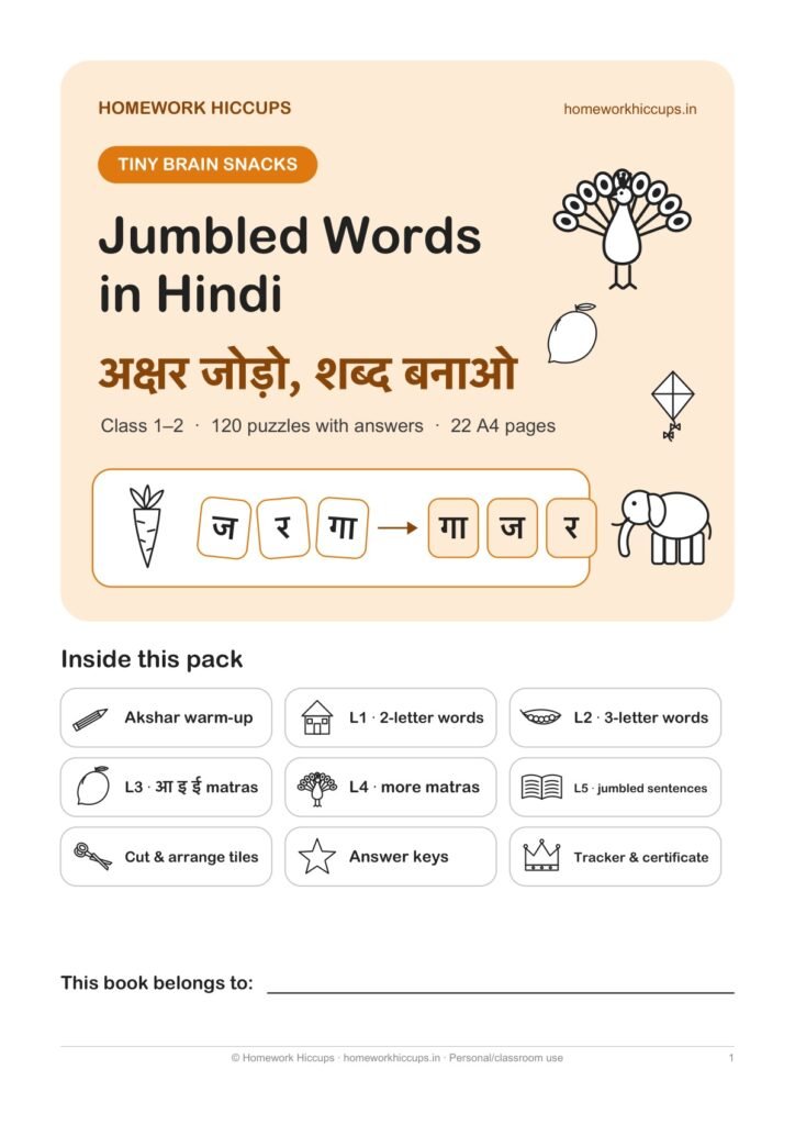 Jumbled Words in Hindi Worksheets PDF – 120 Puzzles with Answers (Class 1–2)