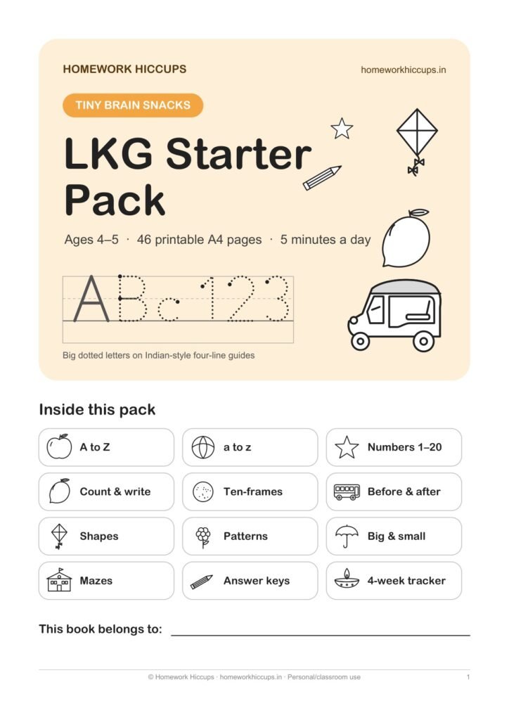 UKG Worksheets PDF – Tiny Brain Snacks Starter Pack (46 Pages)