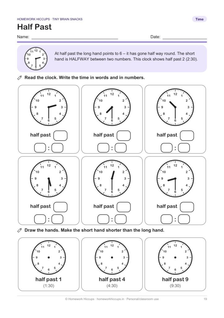 Half past telling time worksheet: read six clocks in words and numbers and draw the hands on three clocks