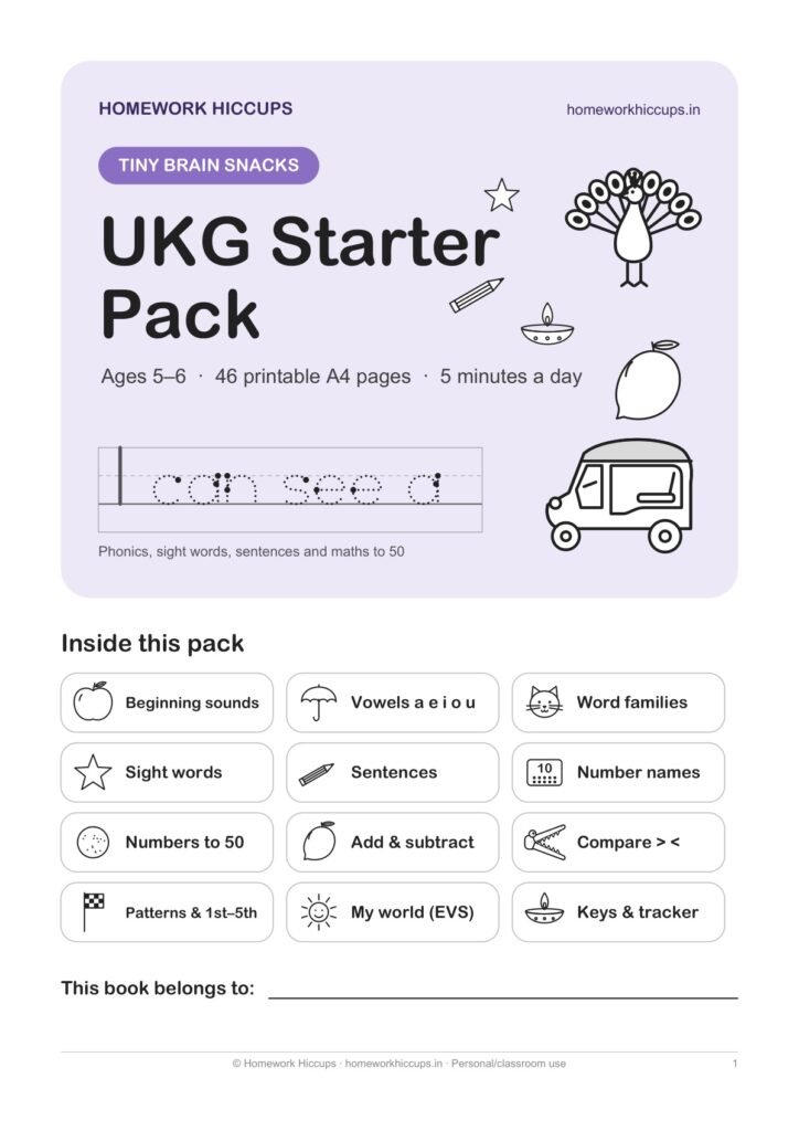UKG Worksheets PDF – Tiny Brain Snacks Starter Pack (46 Pages)