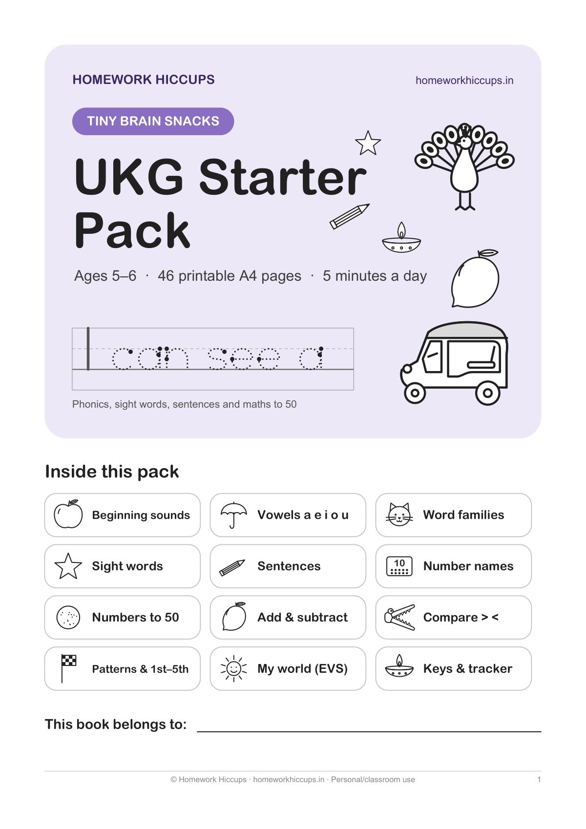 UKG worksheets PDF – Tiny Brain Snacks UKG Starter Pack cover
